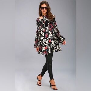 Free People Drift Away Black Print Cold Shoulder Tunic